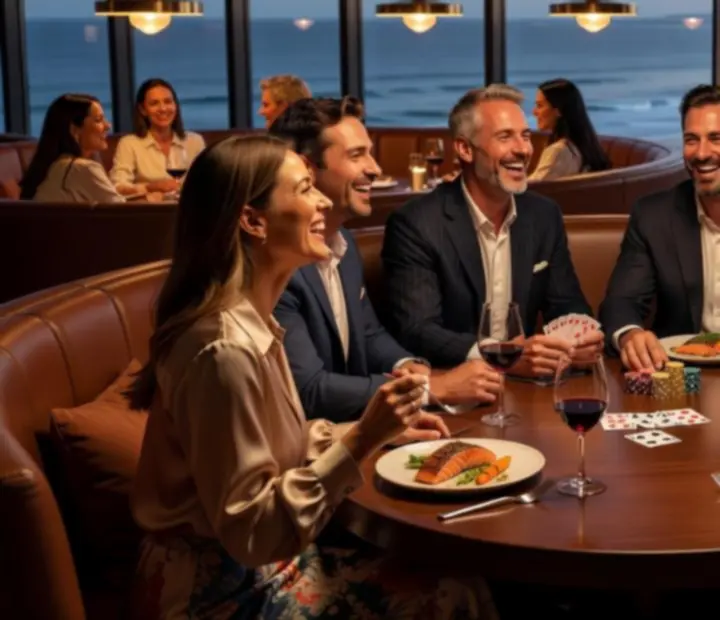 Stylishly dressed guests sharing food and playing friendly poker in a warm restaurant