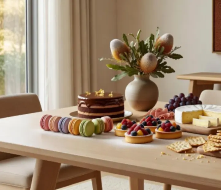 Elegant plated desserts and artisanal cheese board in warm evening light