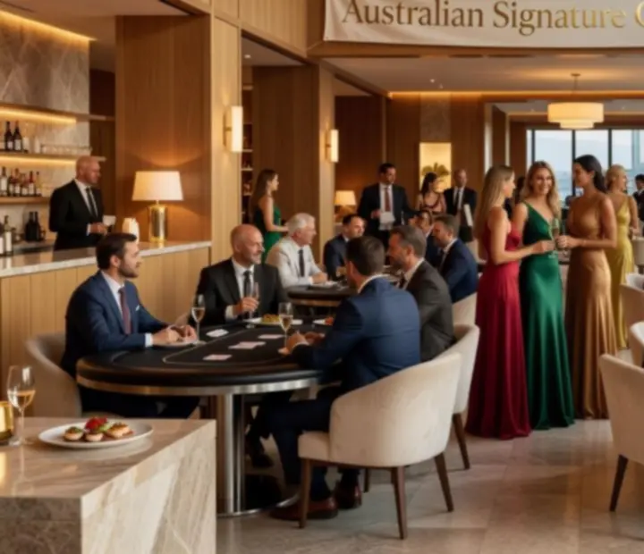 Cinematic evening event at TheFeltKitchen with guests dining beside elegant poker tables under warm designer lighting