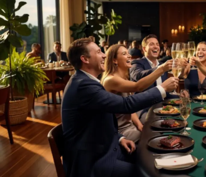 Guests enjoying a contemporary Australian event at TheFeltKitchen with ambient lighting and gourmet dishes