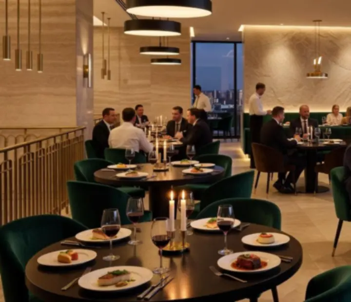 Cinematic Australian restaurant scene with gourmet dining and elegant poker tables