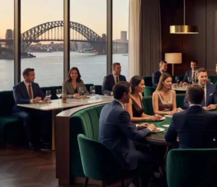 Luxurious Australian restaurant poker lounge with guests enjoying an evening of dining and cards