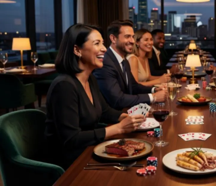Guests sharing a joyful moment around a poker table at an elegant Australian restaurant
