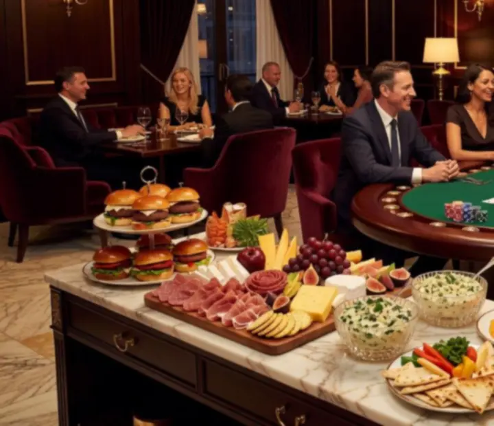 Gourmet sharing platters and refined snacks served beside elegant poker tables