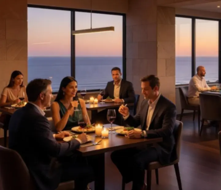 Cinematic view of TheFeltKitchen restaurant with elegant table settings and poker lounge ambience