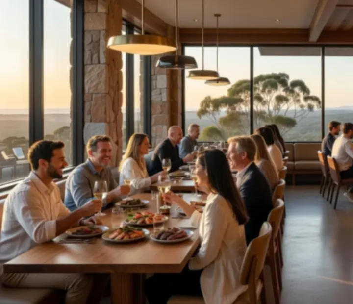 Cinematic interior of TheFeltKitchen with contemporary Australian design, warm lighting and guests enjoying dinner and poker
