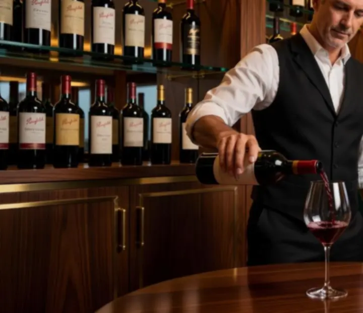 Sommelier pouring Australian wine in a softly lit restaurant setting